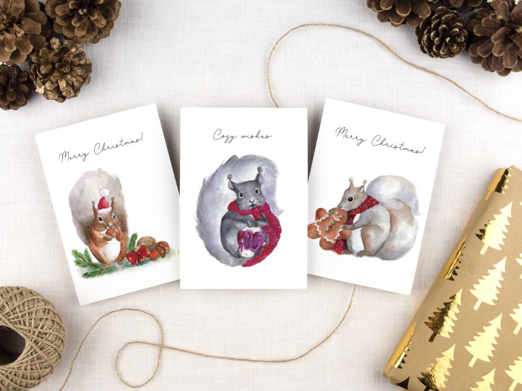 Squirrel christmas cards watercolour drawings original