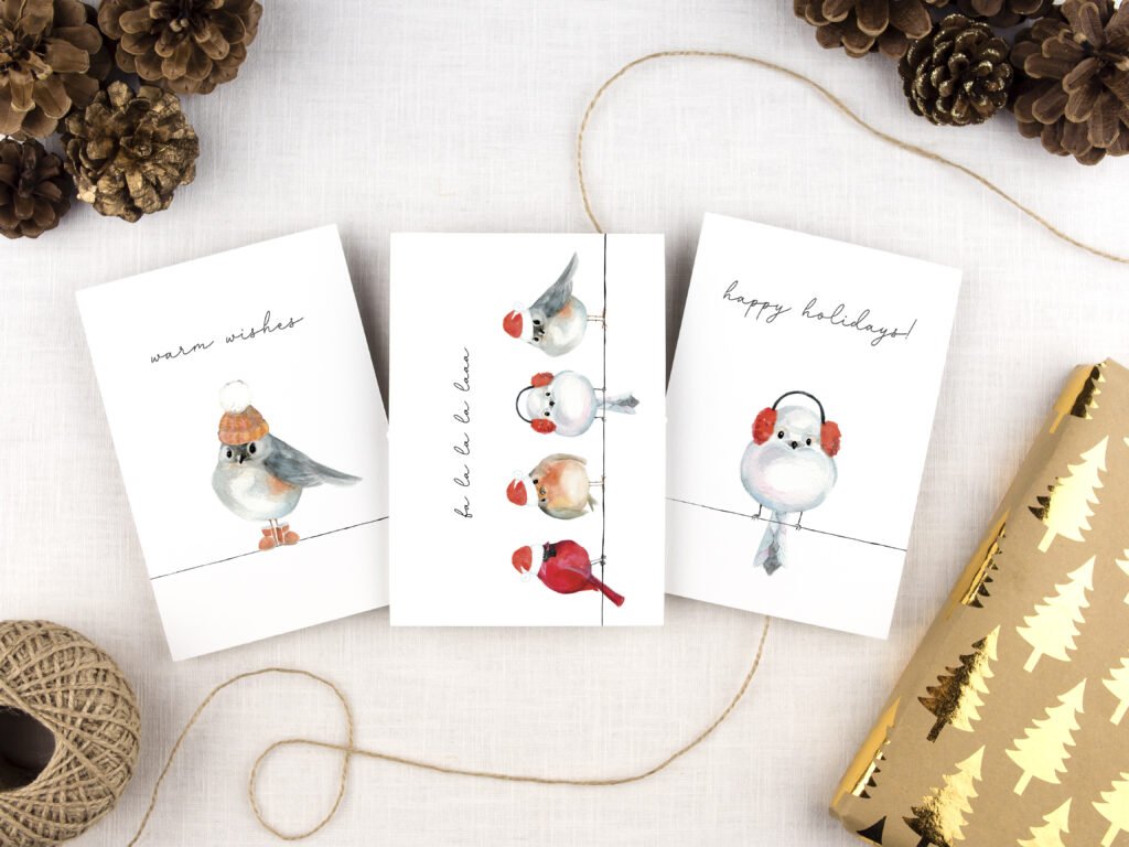 holiday cute birds christmas greeting cards watercolour