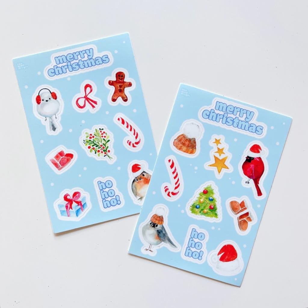 Holiday Stickers Two mind designs little watercolour birds and other christmas stickers