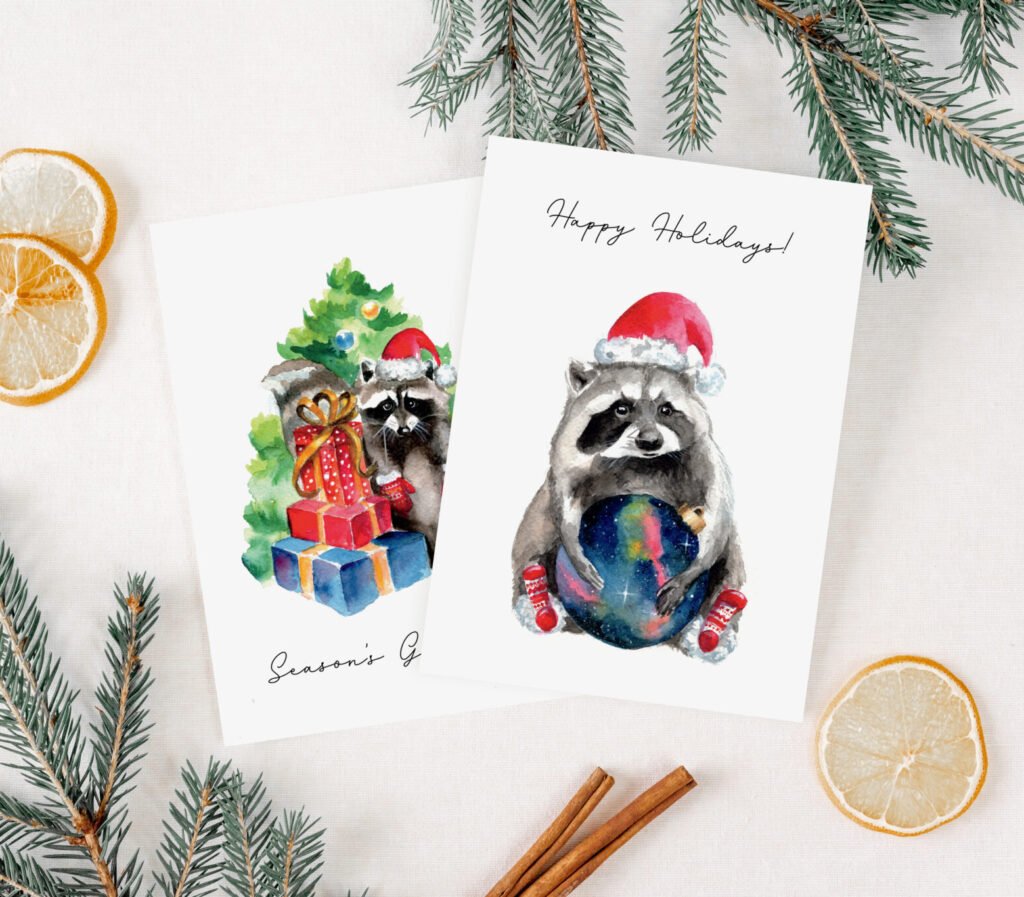 holiday toronto raccoons watercolour arts greetin cards tmd