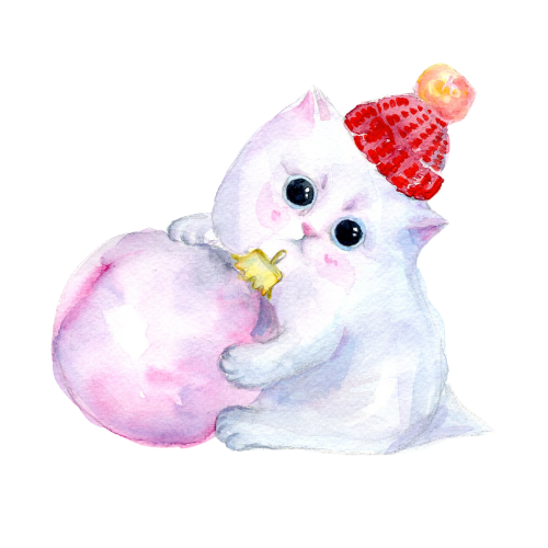 christmas dressed cat holding an orgament watercolour painting