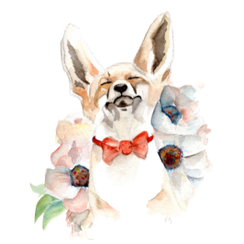 Happy fox with flowers in the background watercolour painting