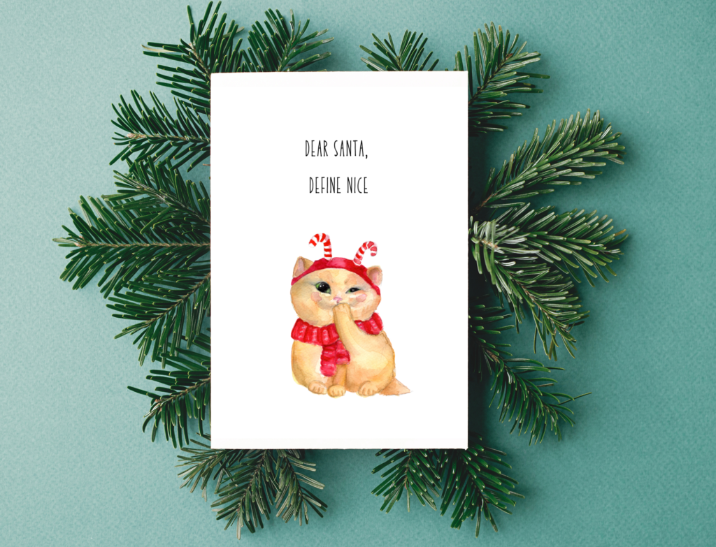 Holiday card with a cat design on fir tree branches