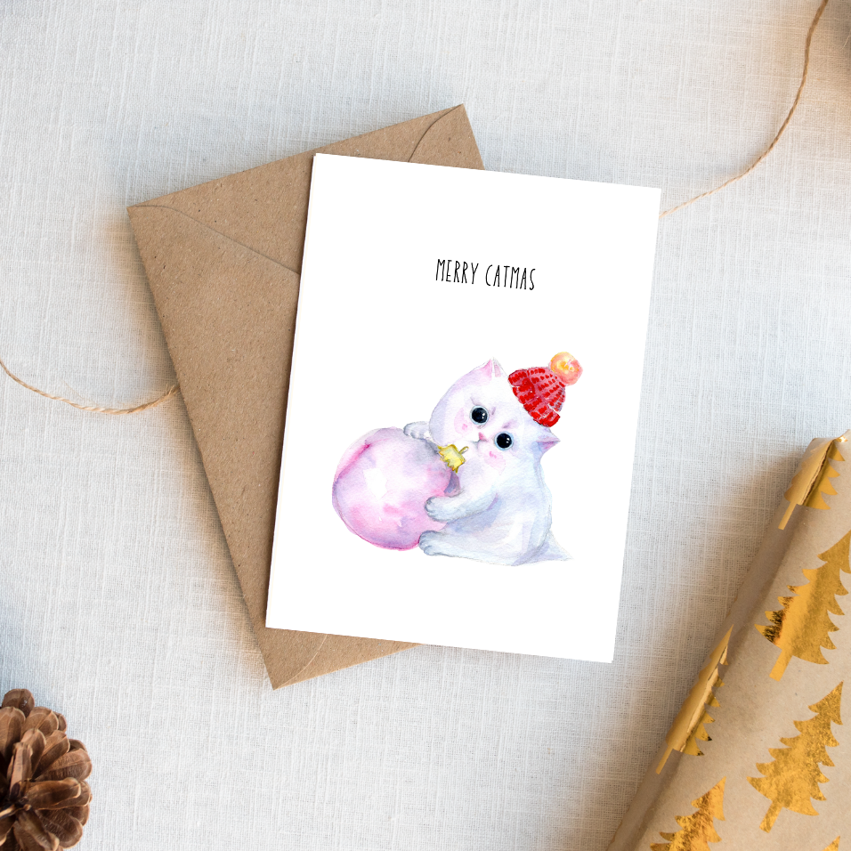 Cute white cat with an ornament christmas watercolour greeting card