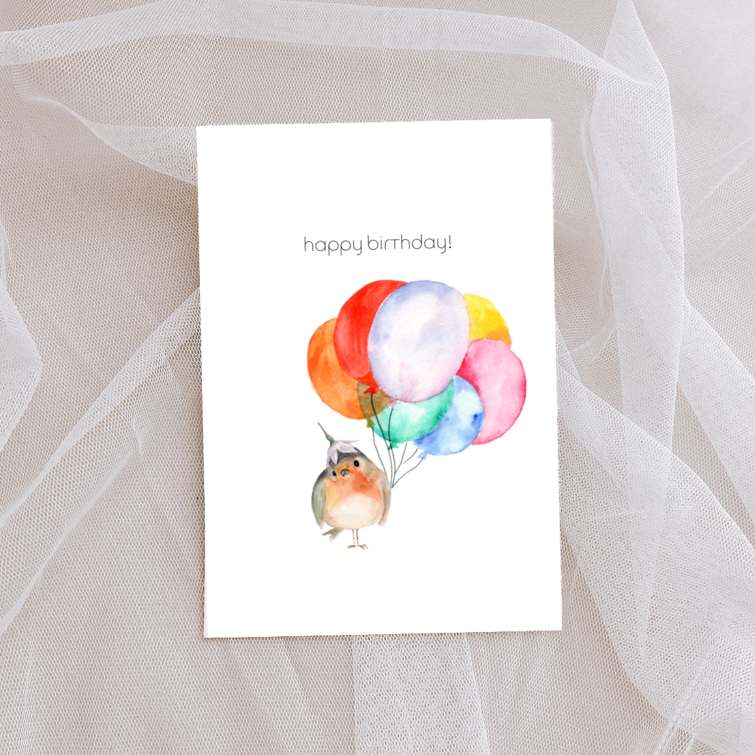 Ballons robin cute birthday card